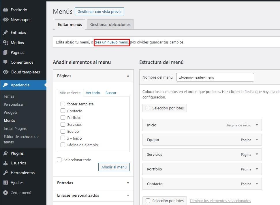 Crear menú en WordPress