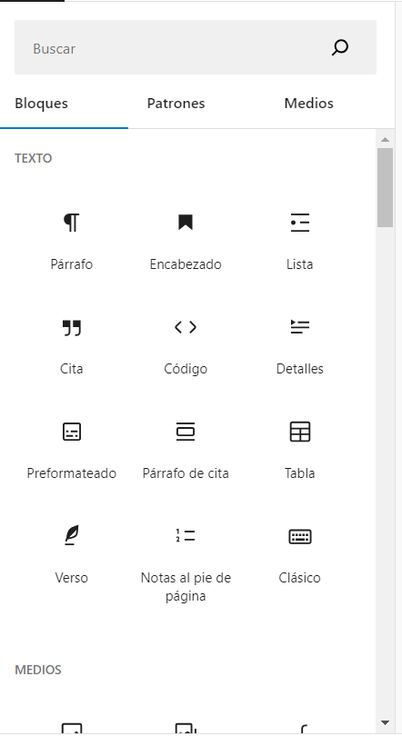 Opciones de bloques disponibles en el editor de entradas