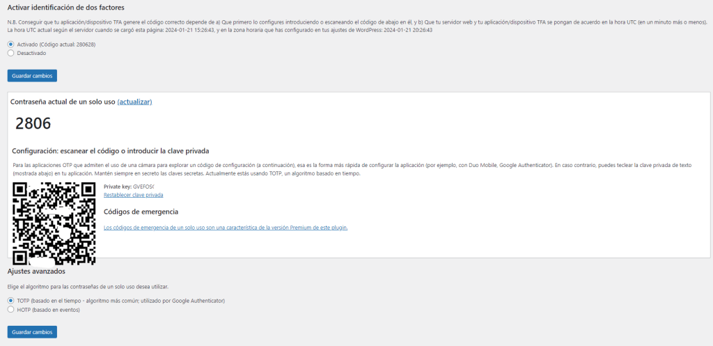 Autenticación de Dos Factores de All in One WP Security Plugin