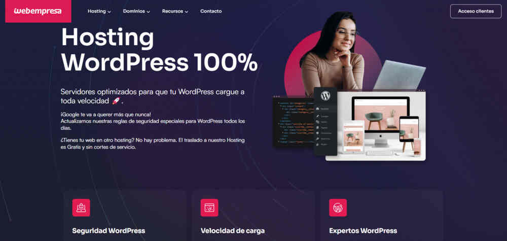 Página WordPress hosting de Webempresa.