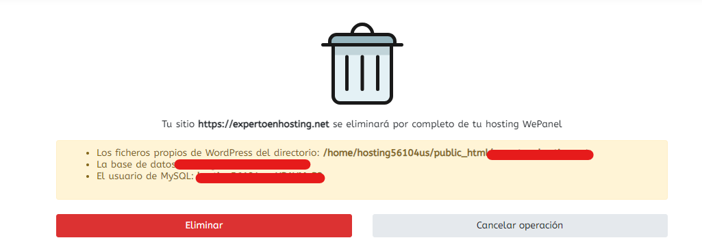 Eliminar sitio web de WordPress desde Wepanel