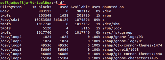 Resultados del comando df-h para revisar espacio de disco duro en linux